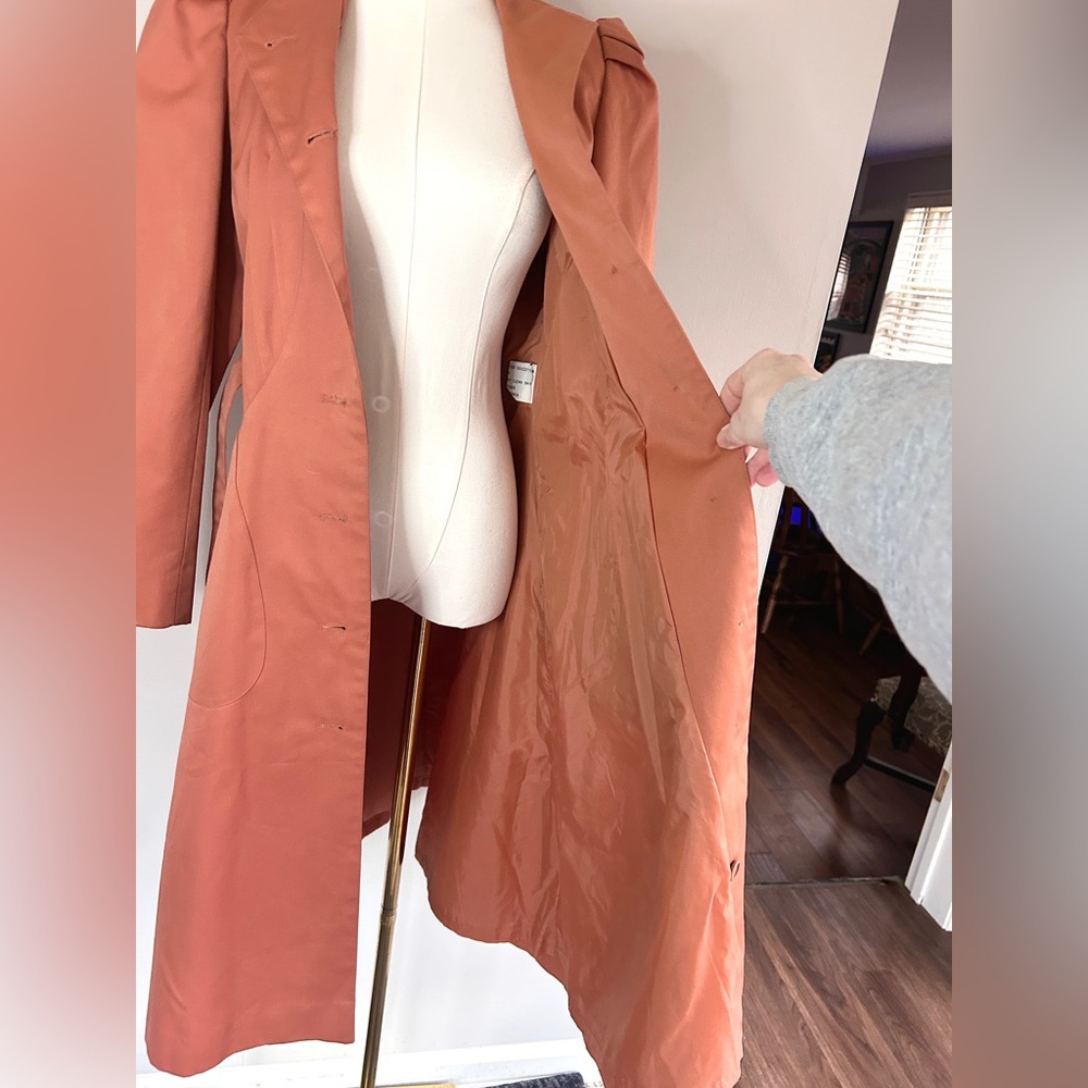 VINTAGE PBD INTERNATIONAL 90s Rust Belted Trench Coat Dress Parisian Retro Small - Picture 5 of 13